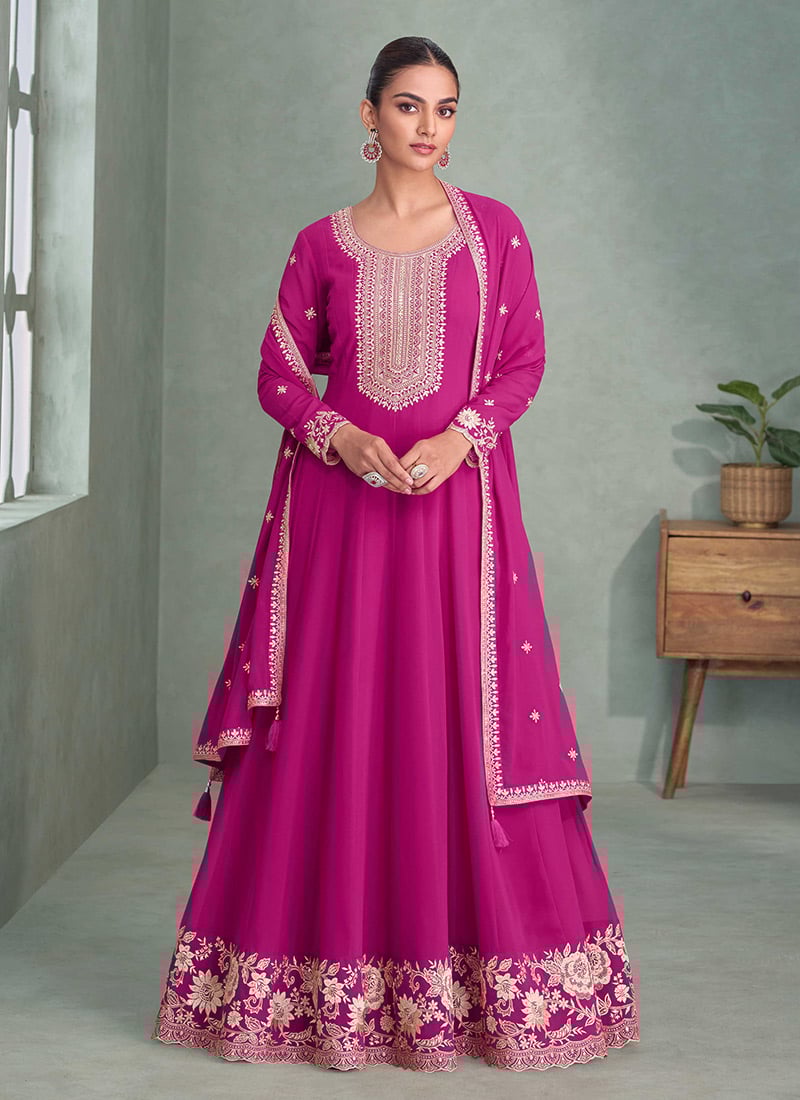 Rani Pink Georgette Embroidered Sequins A Line Anarkali Suit