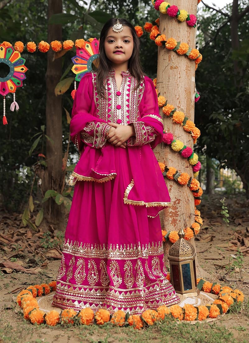 Rani Pink Georgette Embroidered Sequins Kids Girls Anarkali Suit Festive Wear