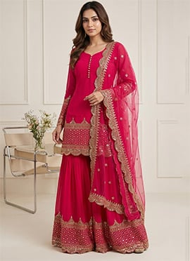 Rani Pink Georgette Embroidered Sequins Sharara Suit