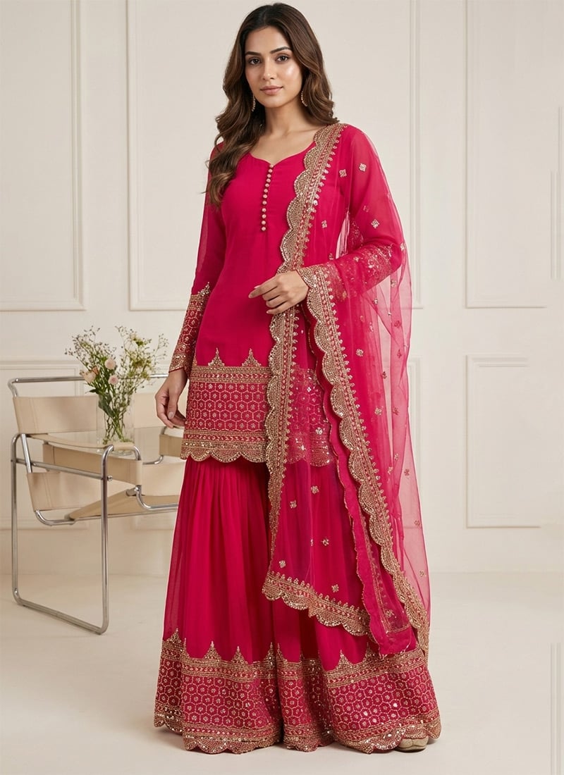 Rani Pink Georgette Embroidered Sequins Sharara Suit Festive Wear