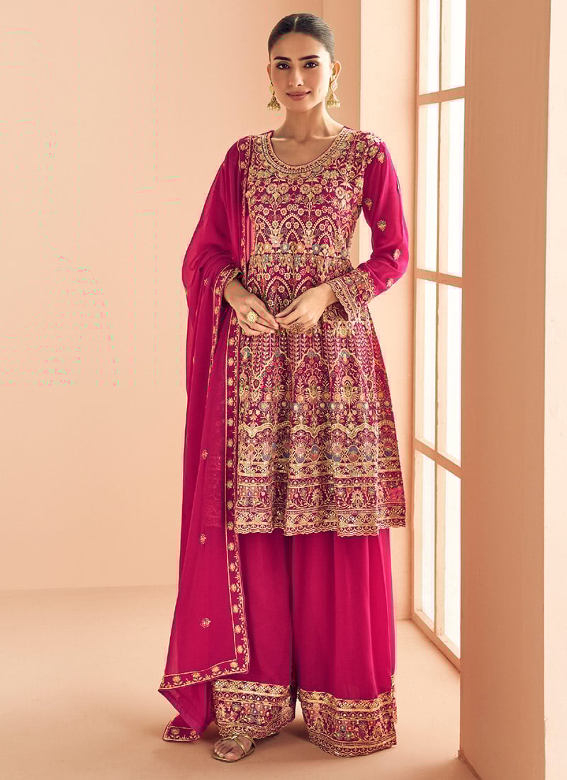 Rani Pink Georgette Embroidered Sequins Stone Work Palazzo Suit Festive Wear