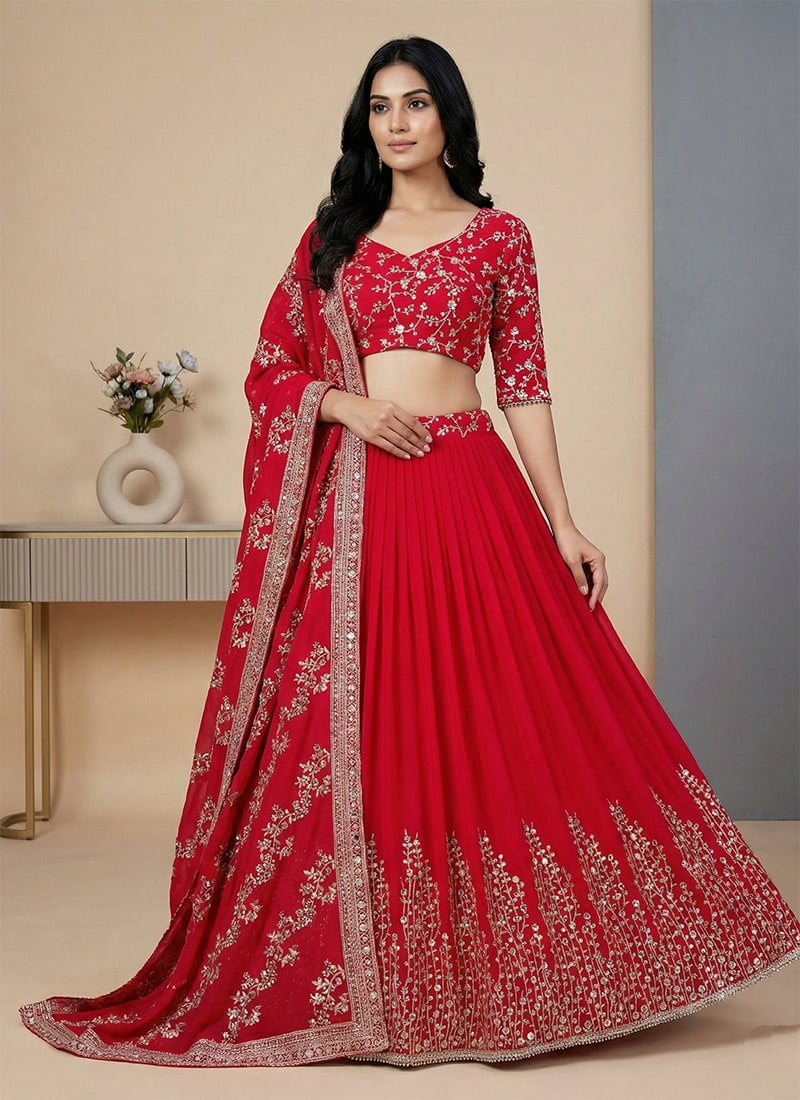 Rani Pink Georgette Embroidered Sequins Umbrella Lehenga Wedding Wear