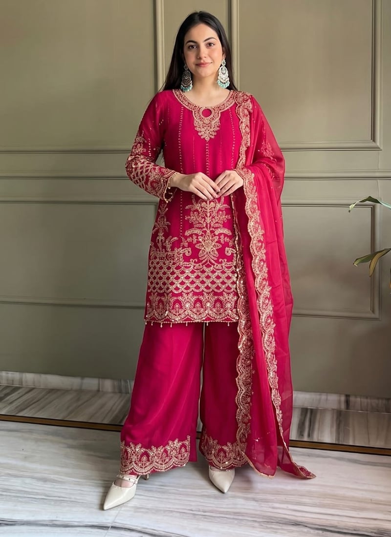 Rani Pink Georgette Embroidered Sequins With Beads Work Palazzo Suit Festive Wear