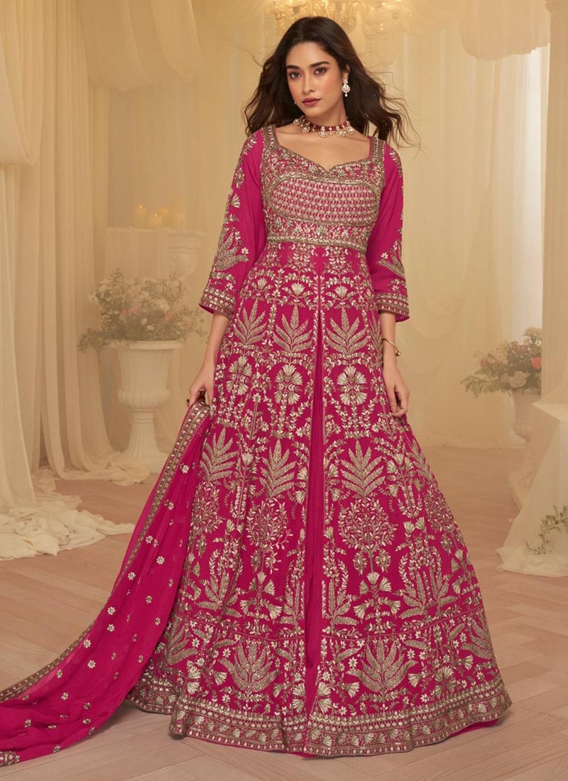 Rani Pink Georgette Hand Embroidered Sequins With Beads Work Anarkali Lehenga Wedding Wear