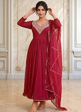 Rani Pink Georgette Hand Embroiodered With Beads Work Anarkali Suit