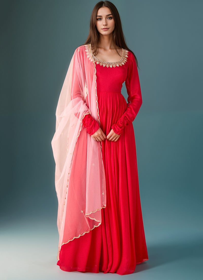 Rani Pink Georgette Hand Embroidered Elegant Anarkali Suit Festive Wear