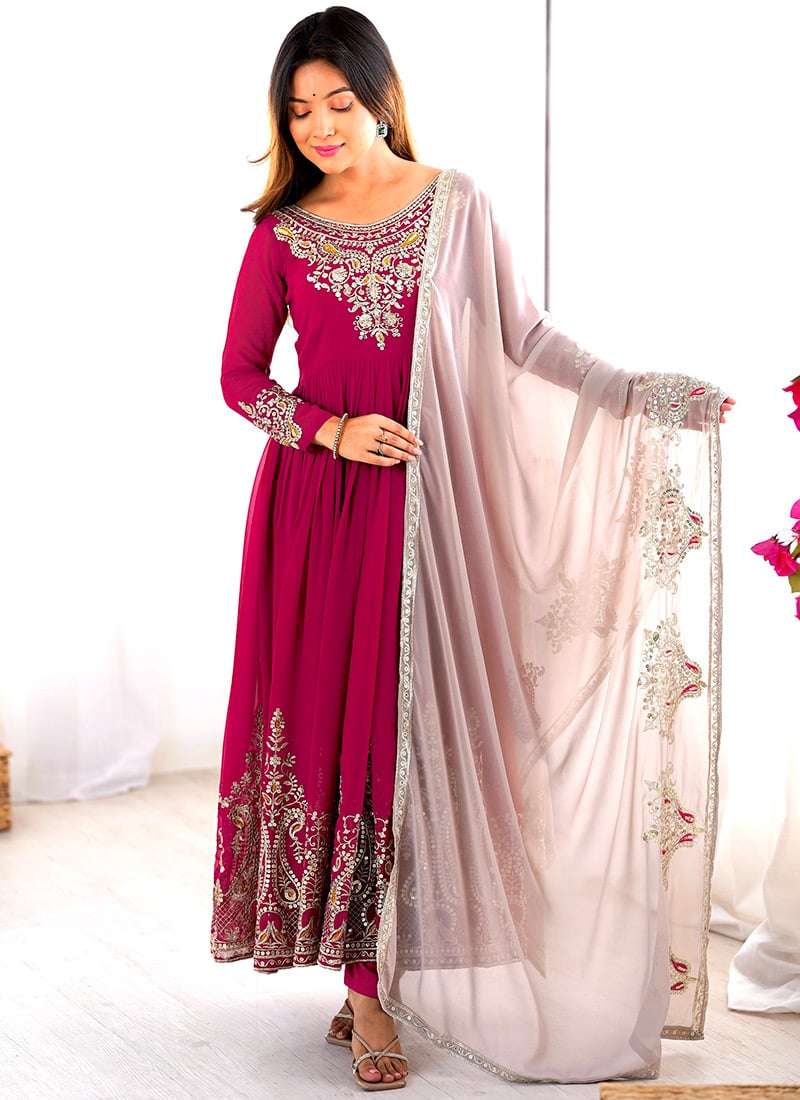 Rani pink Georgette Sequins Embroidered Anarkali Suit Festive Wear