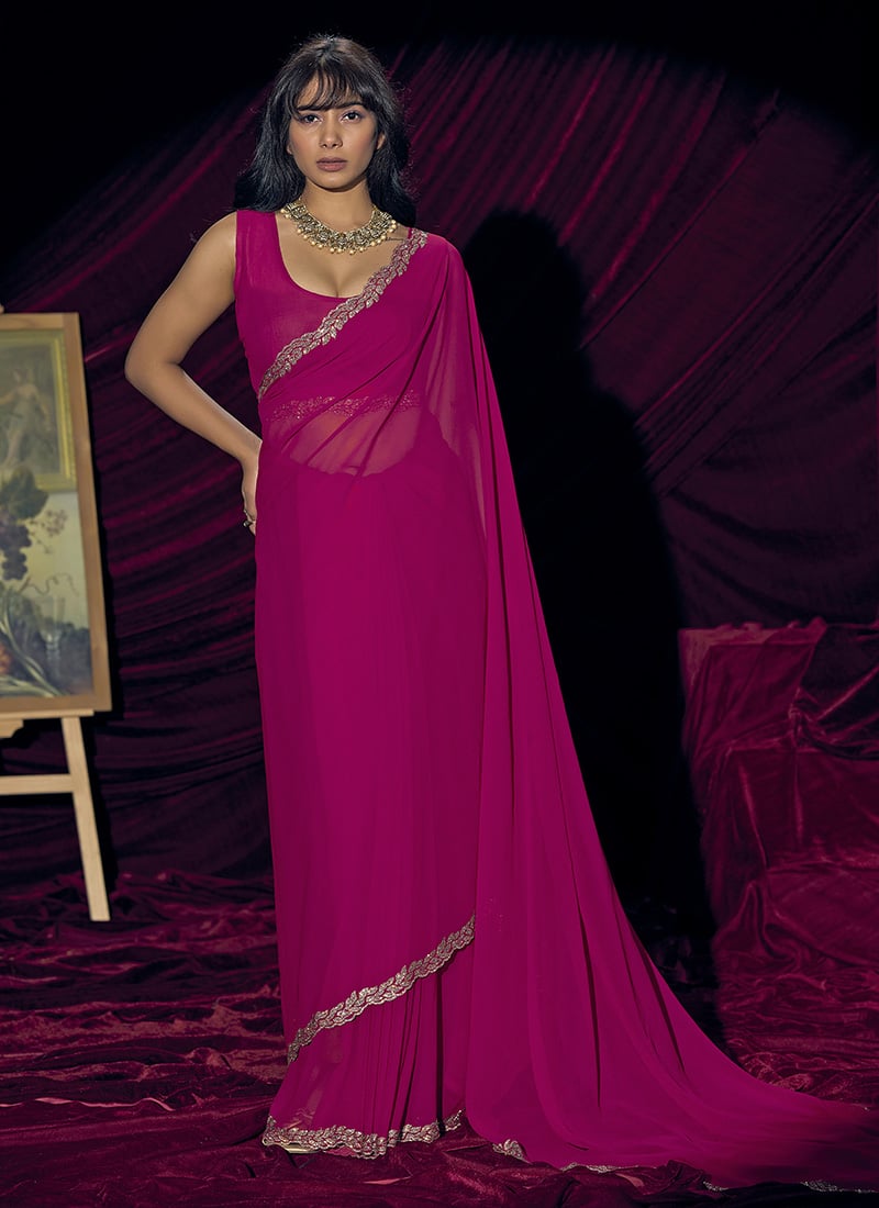 Rani Pink Georgette Stone Work Saree After Six Wear