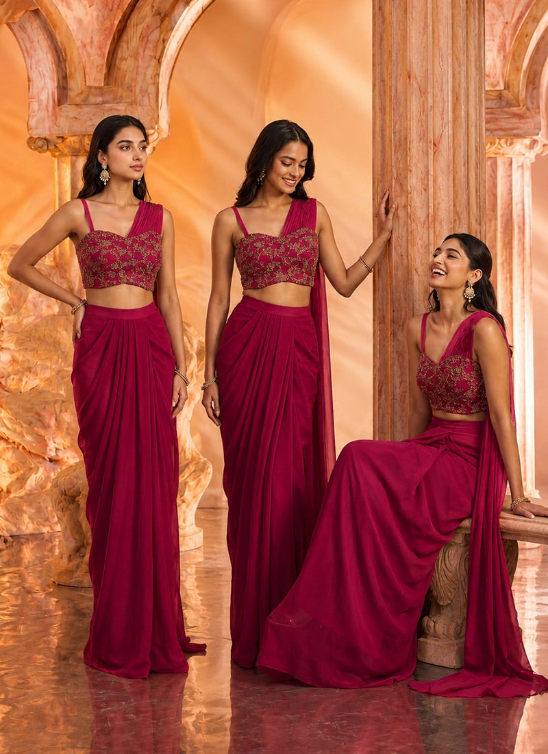 Rani Pink Georgette Zardosi Sequins With Stones Pre Draped Indo Western Wedding Wear