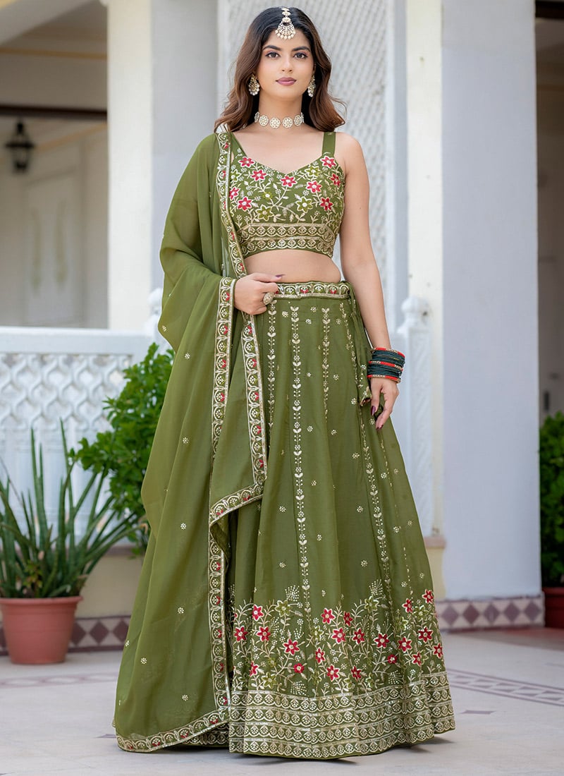 Rani Pink Georgette Zari Embroidered Sequins Lehenga Wedding Wear