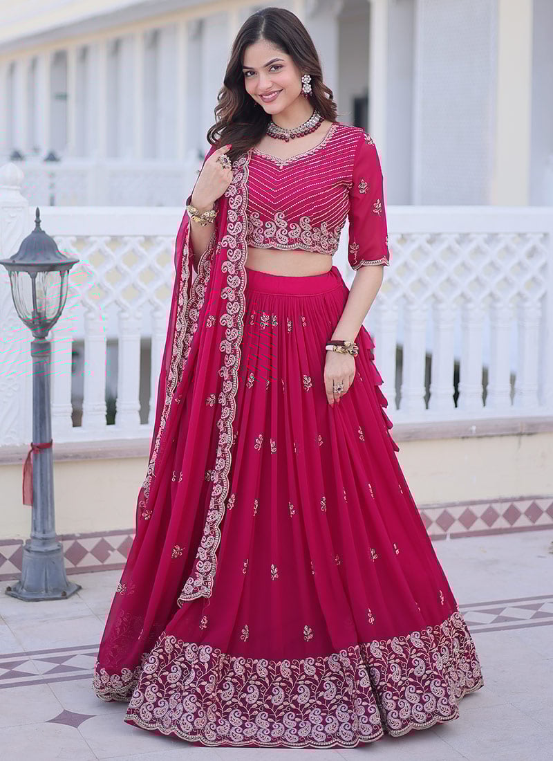 Rani Pink Georgette Zari Embroidered Sequins Lehenga Set Wedding Wear