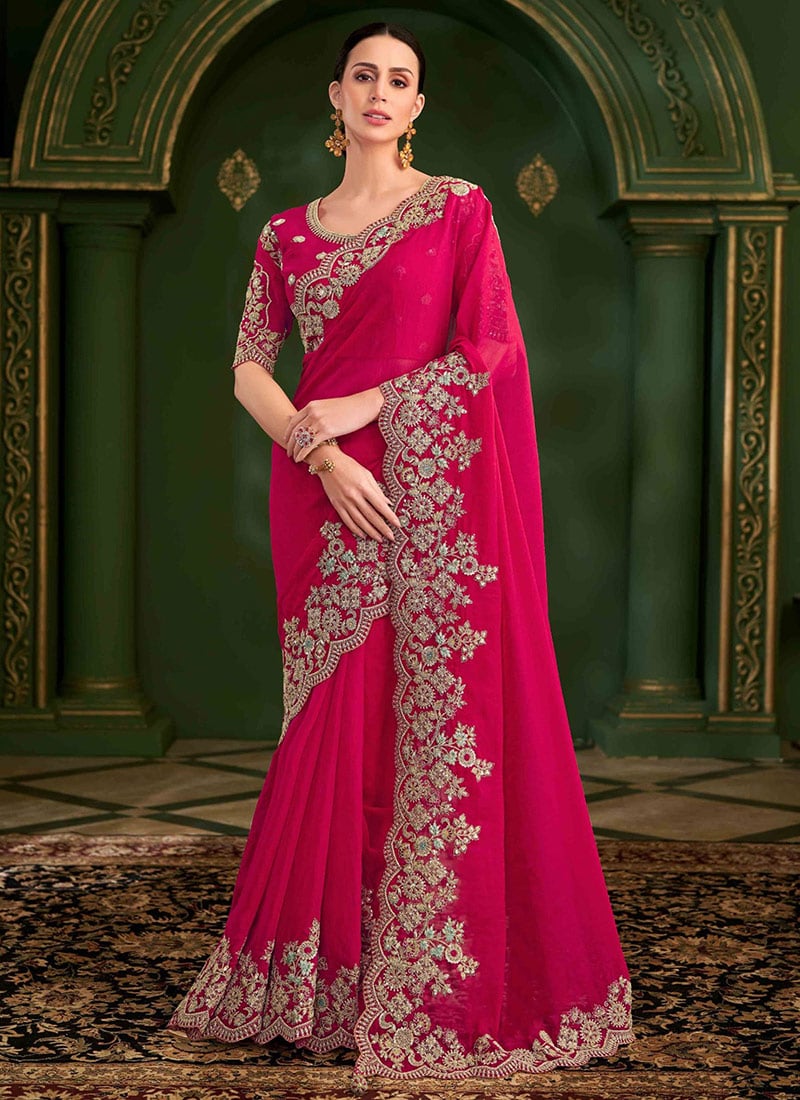 Rani Pink Georgette Zari Embroidered Sequins Saree Wedding Wear