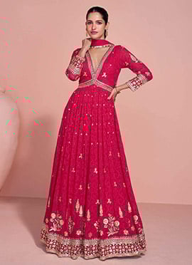 Rani Pink Georgette Zari Embroidered Sequins Thread Anarkali Suit