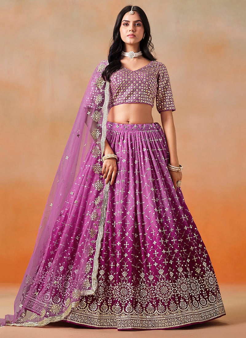 Rani Pink Georgette Zari Embroidered Sequins Umbrella Lehenga