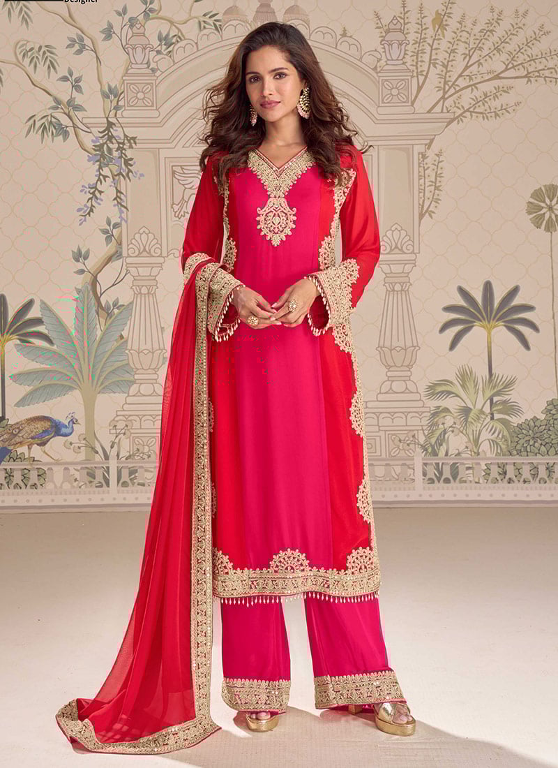 Rani Pink Georgette Zari Embroidered Sequins With Beads Work Palazzo Suit Festive Wear