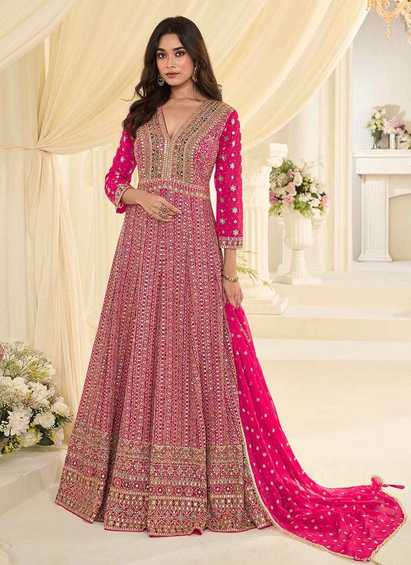 Rani Pink Georgette Zari Embroidered Sequins With Stone A Line Anarkali Suit Wedding Wear
