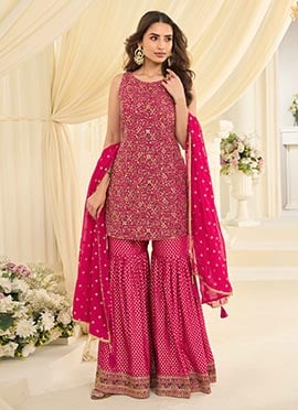 Rani Pink Georgette Zari Embroidered Sequins With Stone Sharara Suit