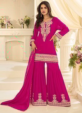 Rani Pink Georgette Zari Embroidered Sharara Suit For Women