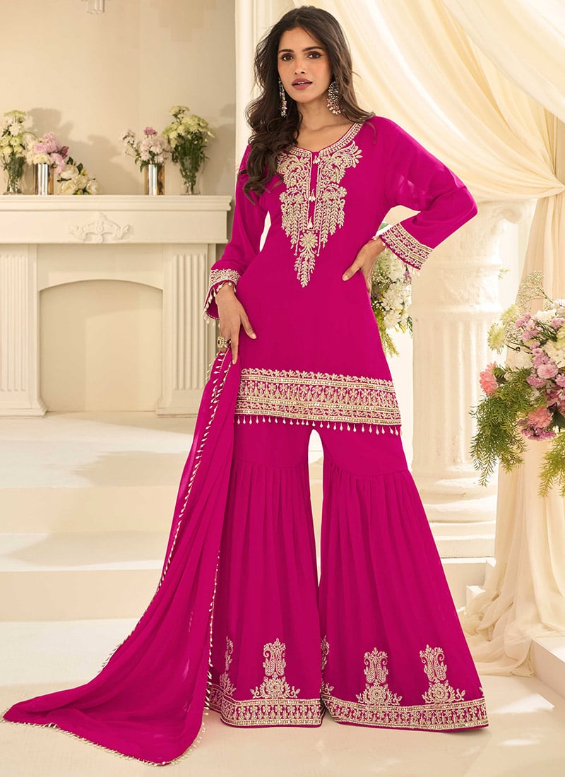 Rani Pink Georgette Zari Embroidered Sharara Suit For Women Festive Wear