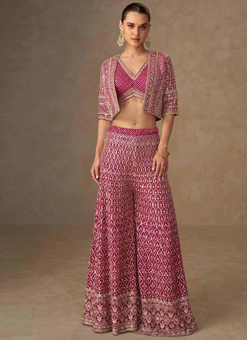 Rani Pink Georgette Zari Hand Embroidered Indowestern Crop Top And Jacket Palazzo Set Wedding Wear