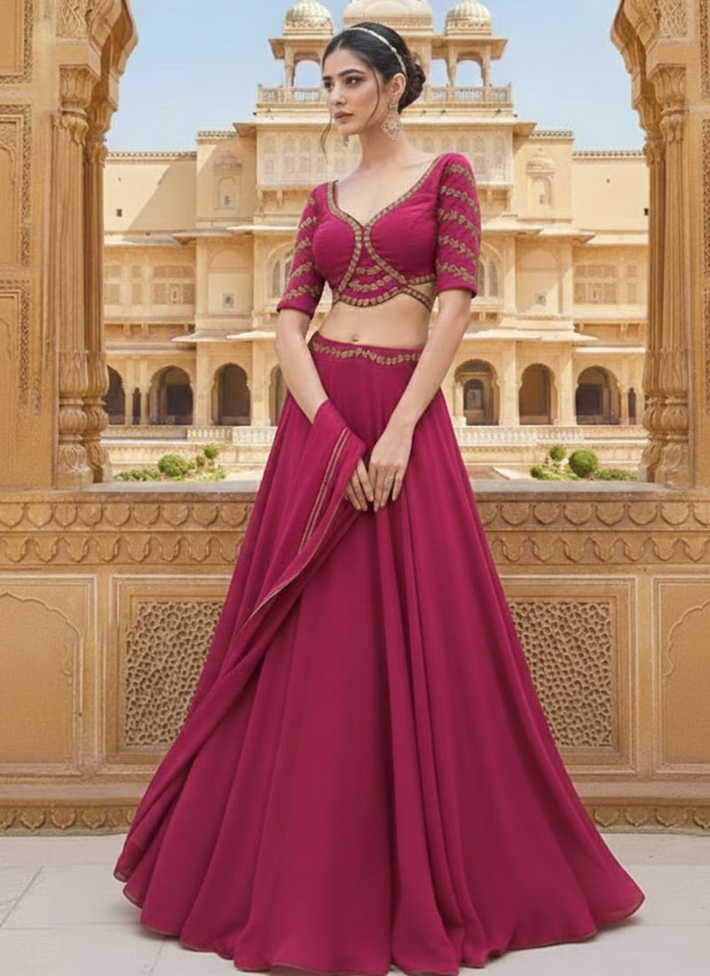 Rani Pink Georgette Zari Sequins Lehenga Wedding Wear