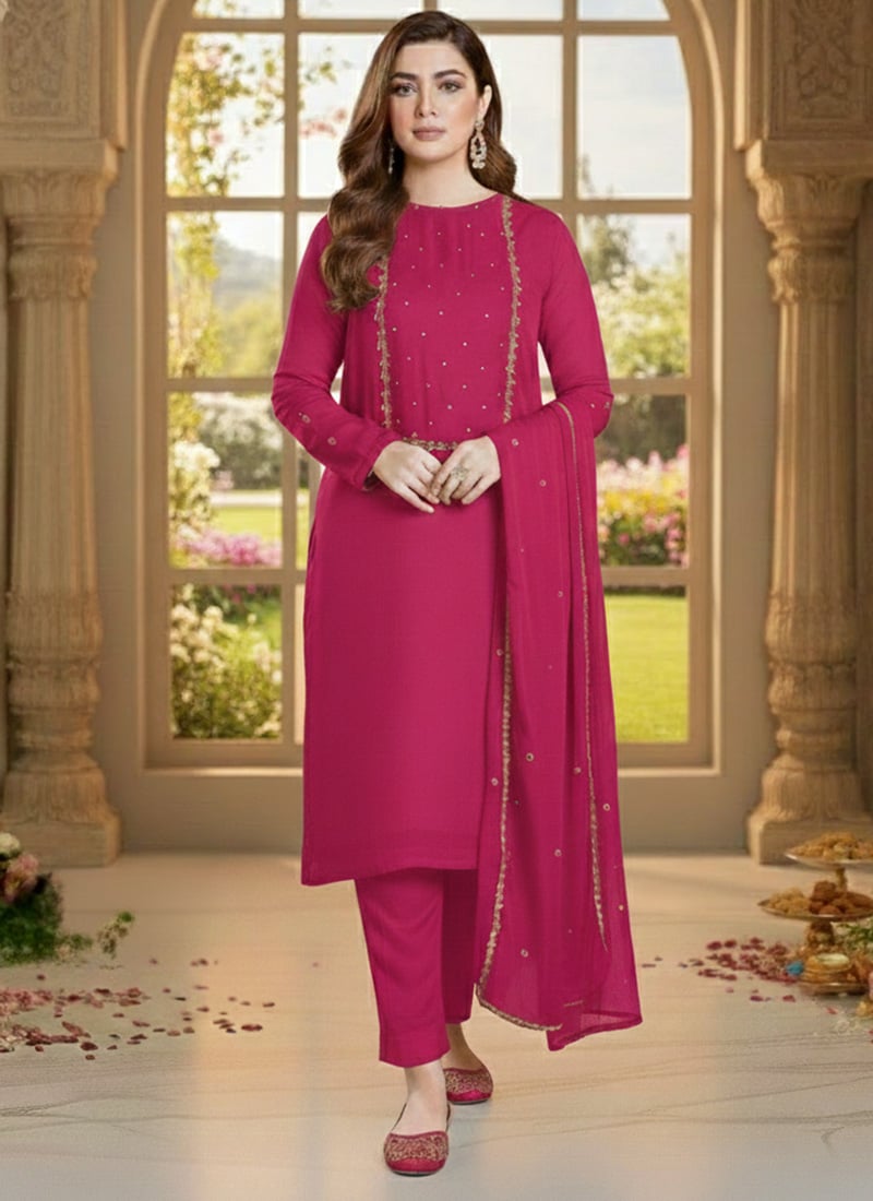 Rani Pink Georgette Zari Sequins Straight Pant Suit Festive Wear