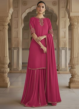 Rani Pink Georgette Zari Sequins With Stone Work Palazzo Suit