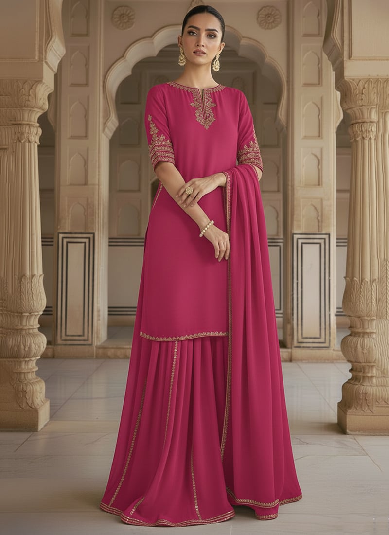 Rani Pink Georgette Zari Sequins With Stone Work Palazzo Suit Festive Wear