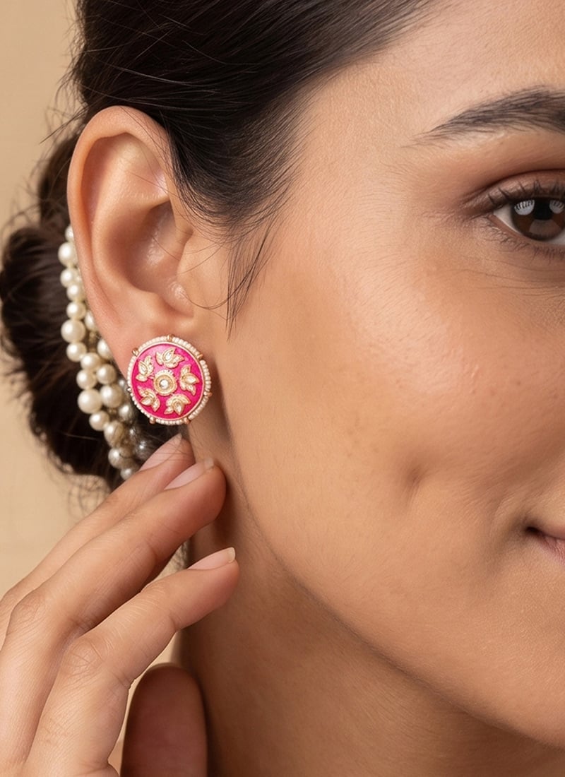 Rani Pink Golden Floral Stone Stud Earrings After Six Wear