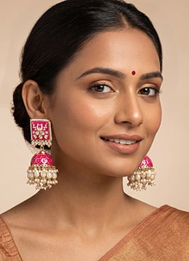 Rani Pink Golden Kundan Pearl Cluster Jhumka Earrings