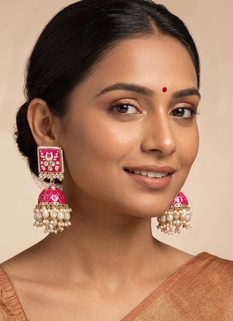 Rani Pink Golden Kundan Pearl Cluster Jhumka Earrings After Six Wear