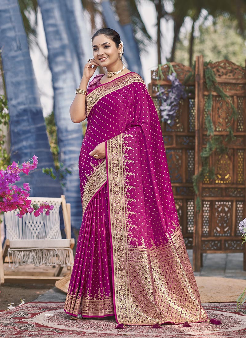 Rani Pink Jacquard Banarasi Satin Silk Saree Festive Wear