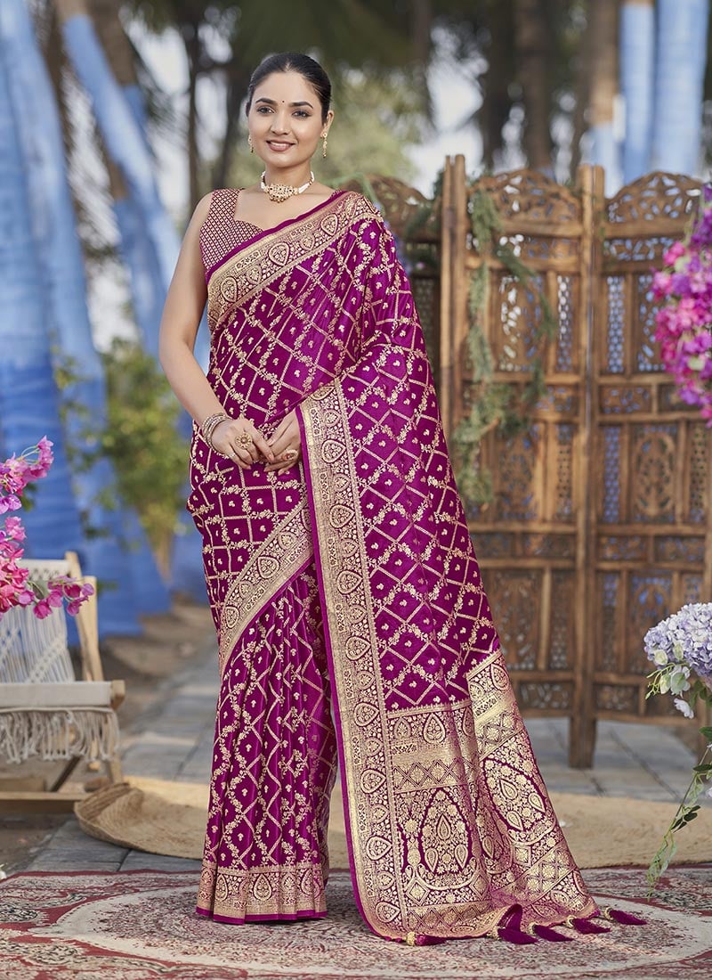Rani Pink Jacquard Banarasi Satin Silk Saree Festive Wear