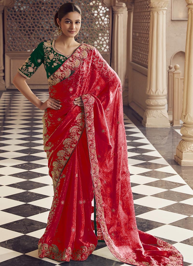 Rani Pink Jacquard Silk Embroidered Sequins And Stones Saree Wedding Wear