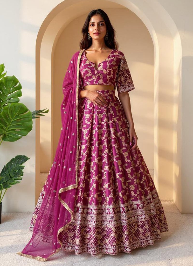 Rani Pink Jacquard Silk Sequins Umbrella Lehenga