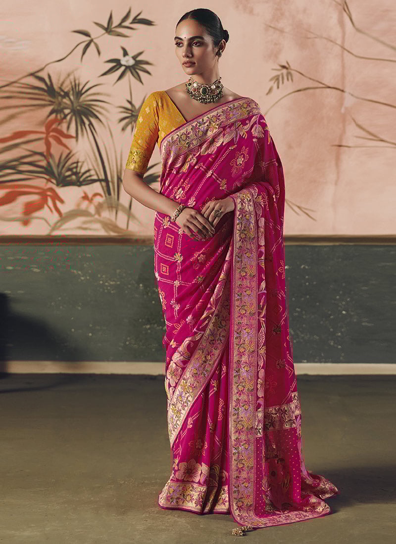 Rani Pink Khadi Georgette Bandhej Woven Work Jacquard Saree Festive Wear