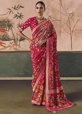 Rani Pink Khadi Georgette Bandhej Woven Work Jacquard Saree