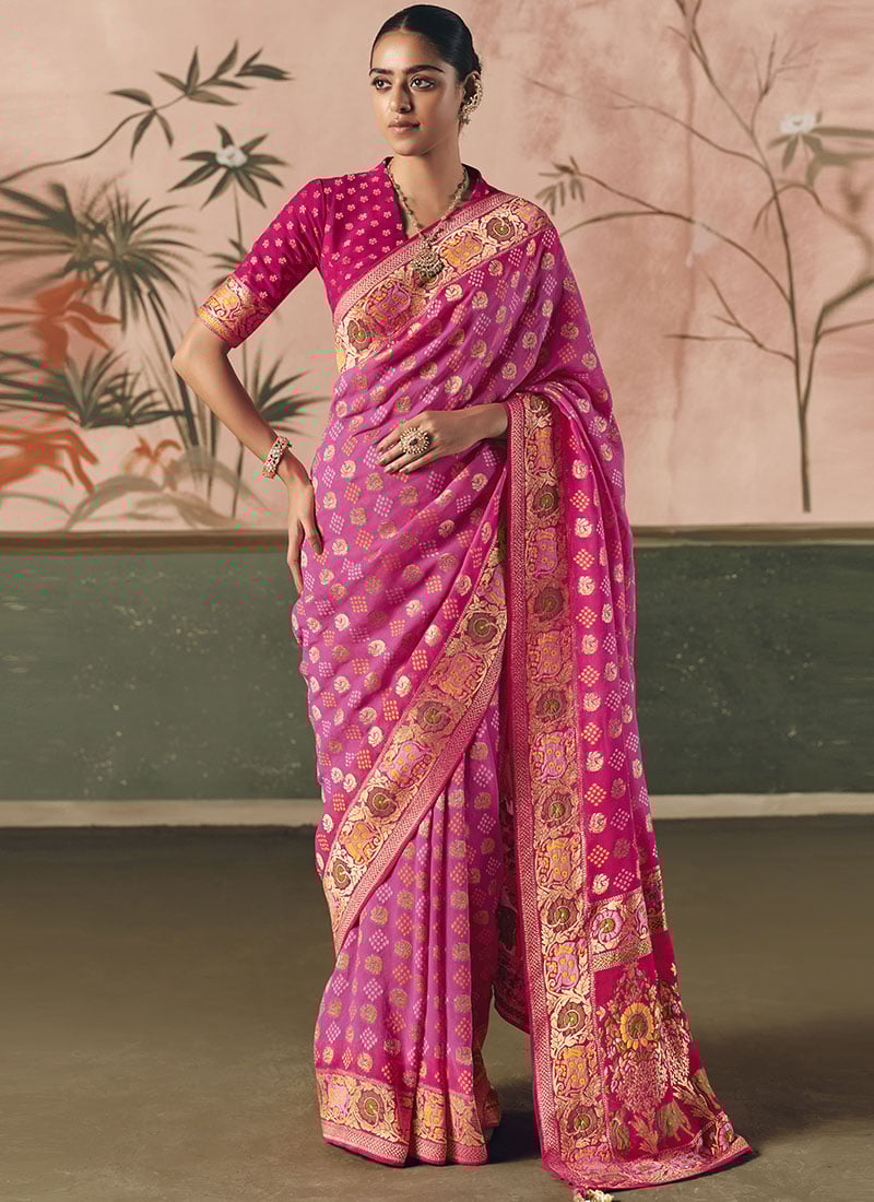Rani Pink Khadi Georgette Bandhej Woven Work Jacquard Saree Festive Wear