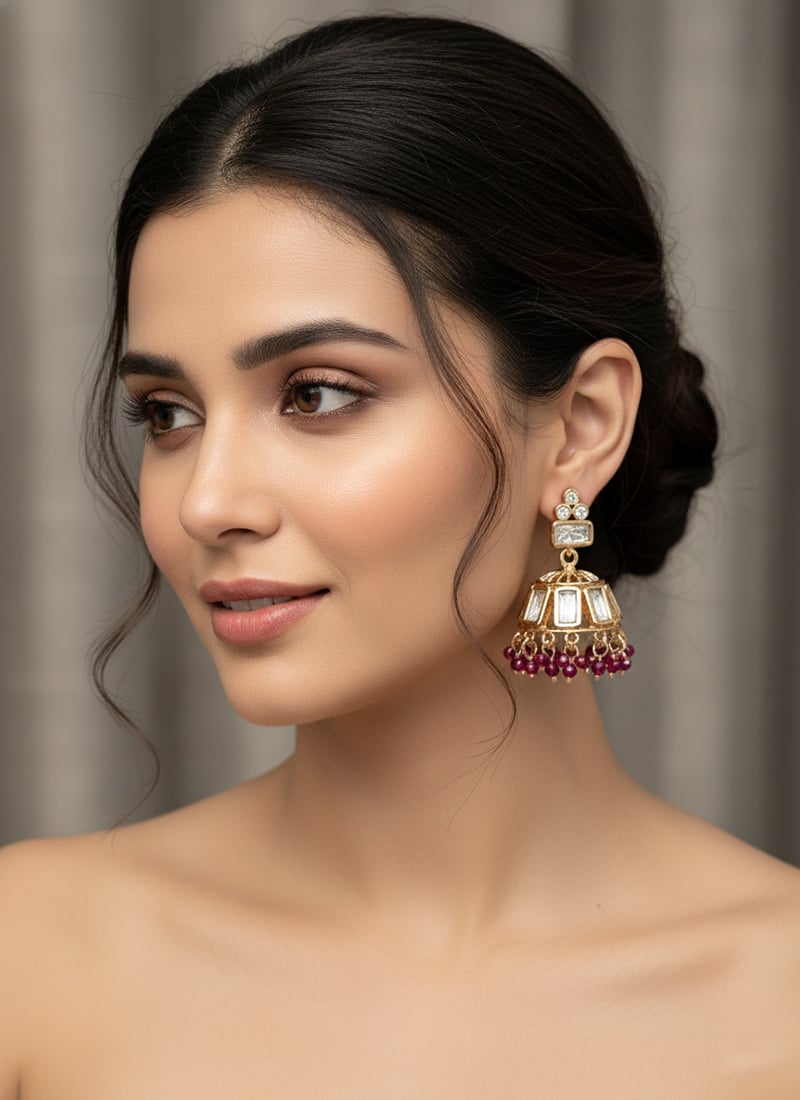 Rani Pink Kundan And Beads Jhumka Festive Wear