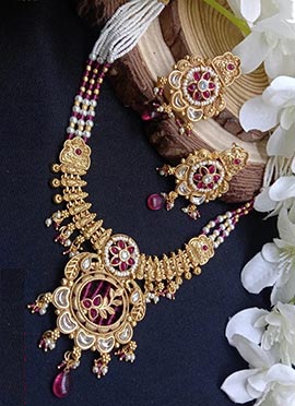 Rani Pink Kundan Beads Pearl Bridal Necklace Set