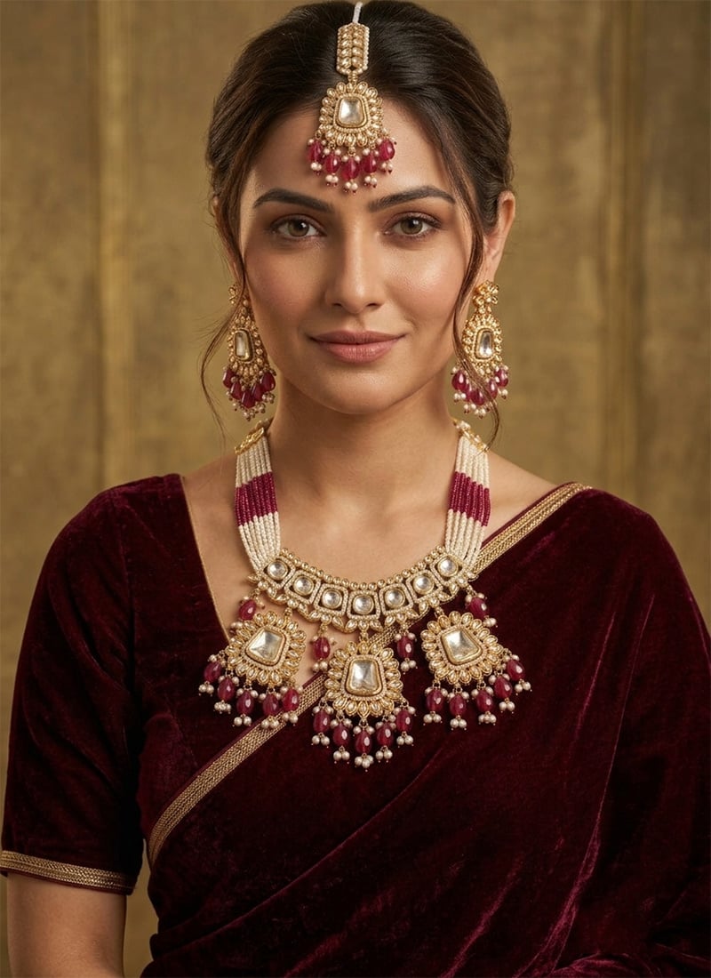 Rani Pink Kundan Pearl Bead Choker Necklace Set Festive Wear