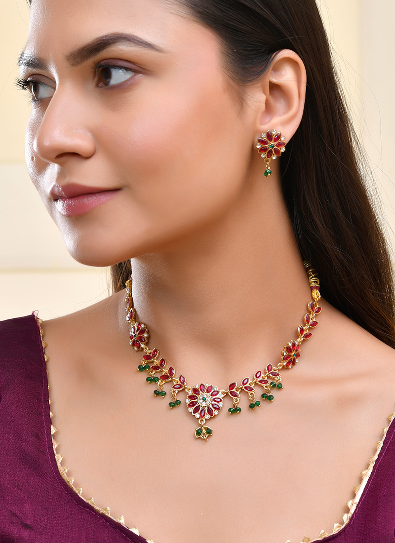 Rani Pink Kundan With Stone And Beads Work Necklace Wedding Wear