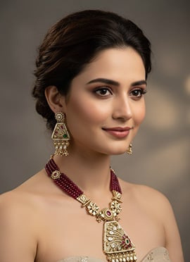 Rani Pink Kundan With Stone And Beads Work Necklace Set