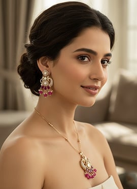 Rani Pink Kundan With Stone And Beads Work Pendent Set