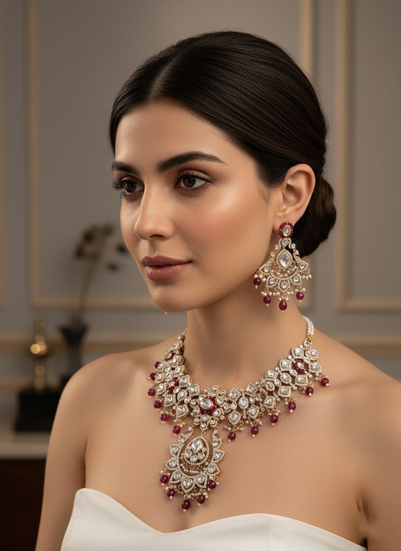 Rani Pink Kundan With Stone And Moti Work Necklace Set Wedding Wear