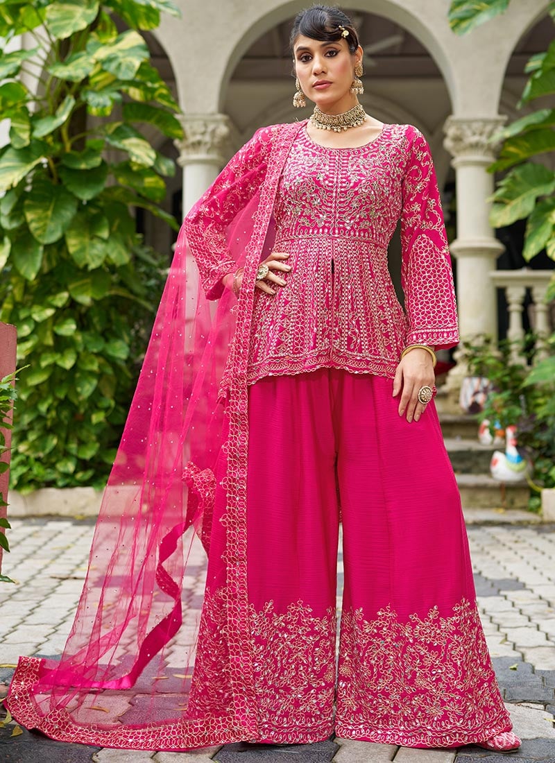 Rani Pink Mirror Work With Embroidery Chinon High Slit Palazzo Suit Festive Wear