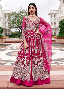 Rani Pink Net Embroidered Sequins With Stone And Beads Work Anarkali Lehenga