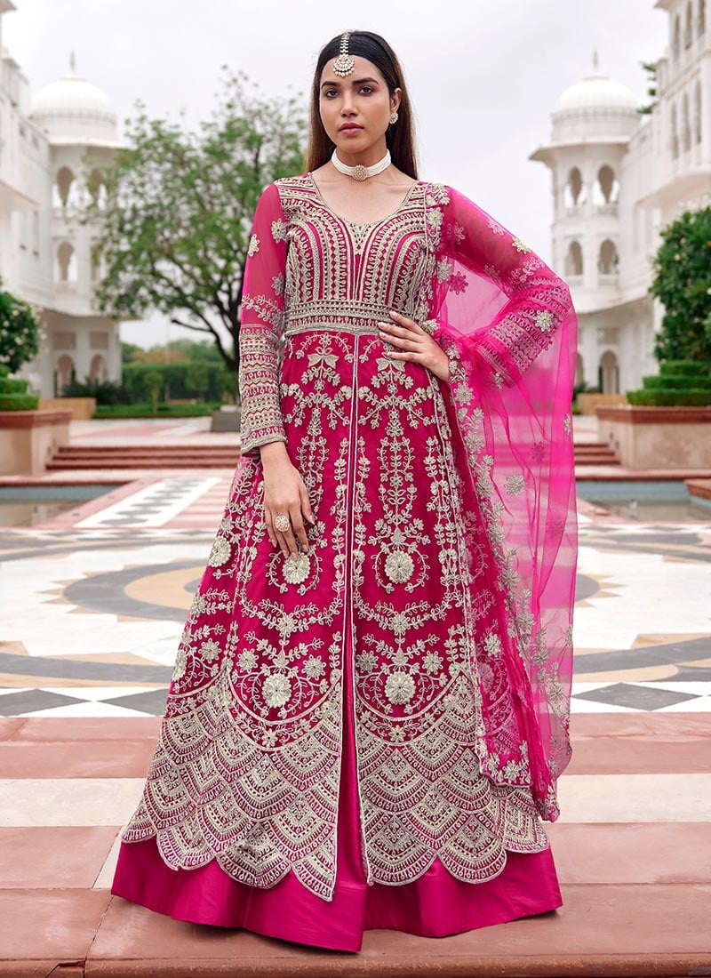 Rani Pink Net Embroidered Sequins With Stone And Beads Work Anarkali Lehenga After Six Wear