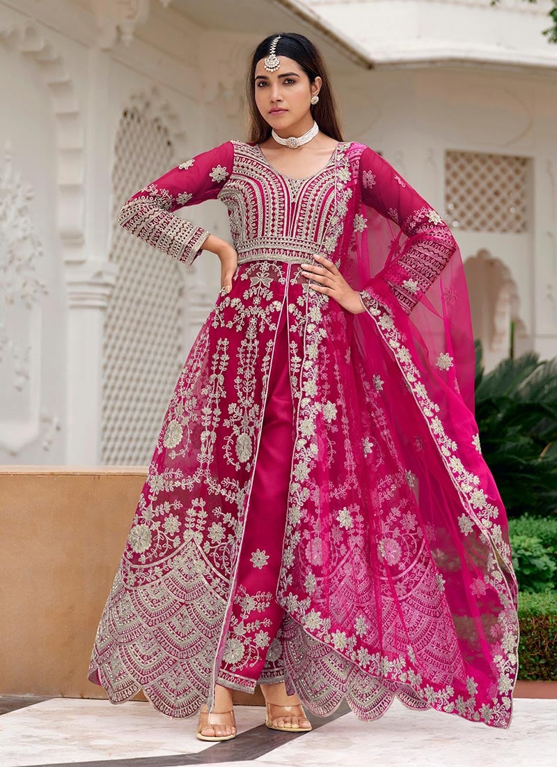 Rani Pink Net Embroidered Sequins With Stone And Beads Work Anarkali Suit After Six Wear