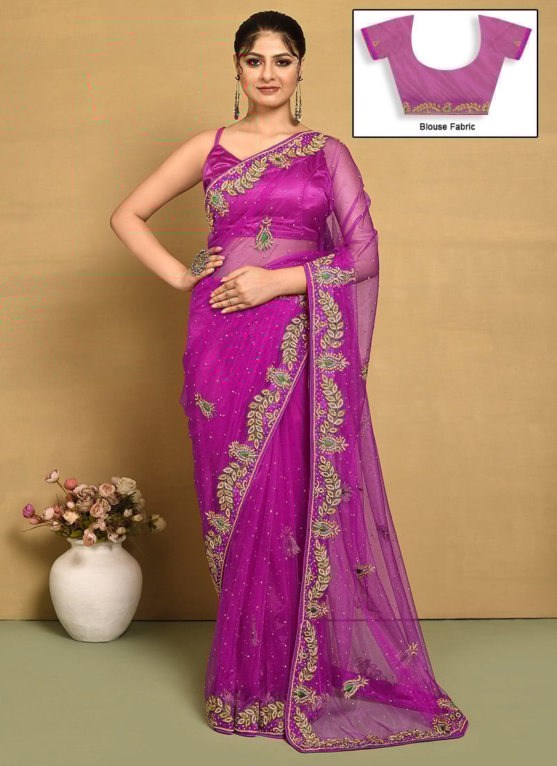 Rani Pink Net Hand Embroidered Saree Wedding Wear